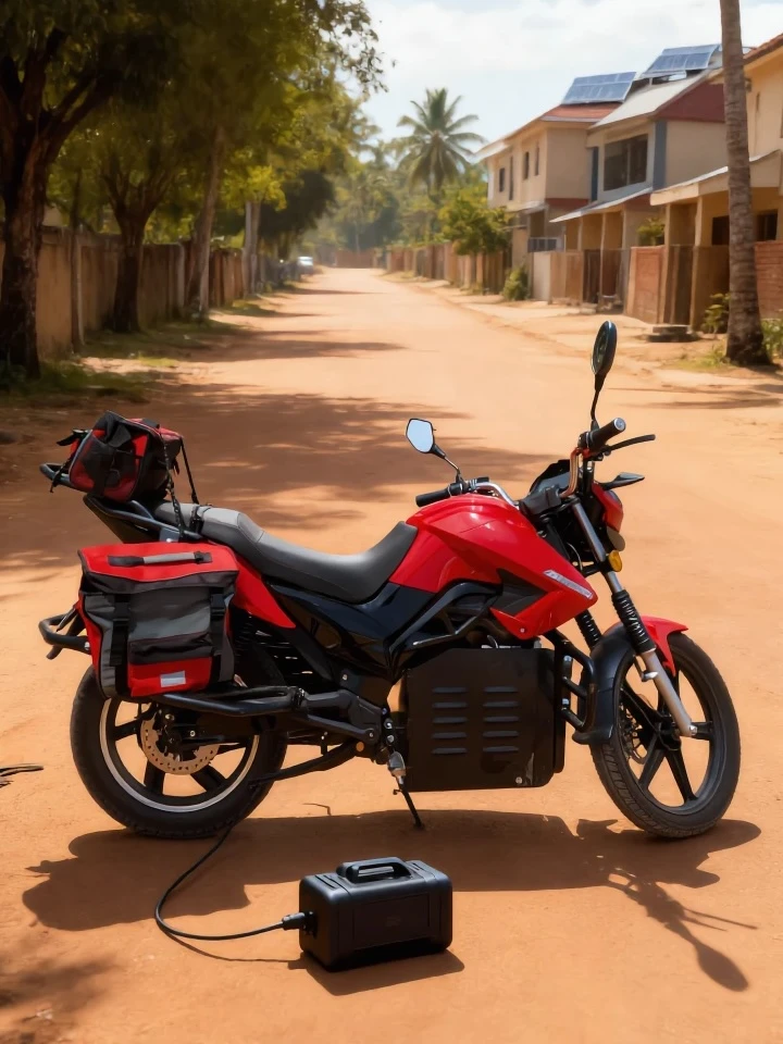 Electric motorcycle parked beside a solar-powered home in a tropical urban setting — demonstrating the Ohm Network solar mobility ecosystem for clean, affordable transportation in developing countries