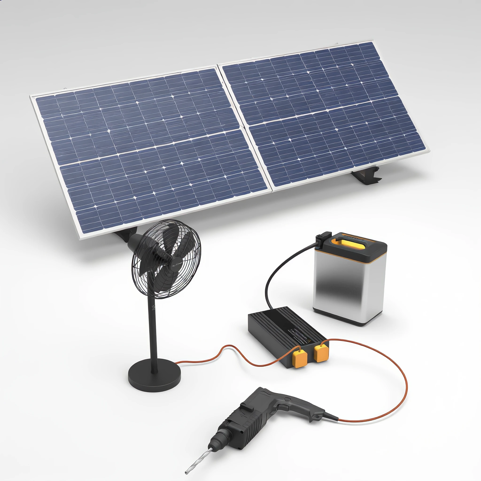 Ohm lithium battery powering home appliances — a clean white docking station beside an electric motorcycle, demonstrating portable energy storage for a modern household in a developing country